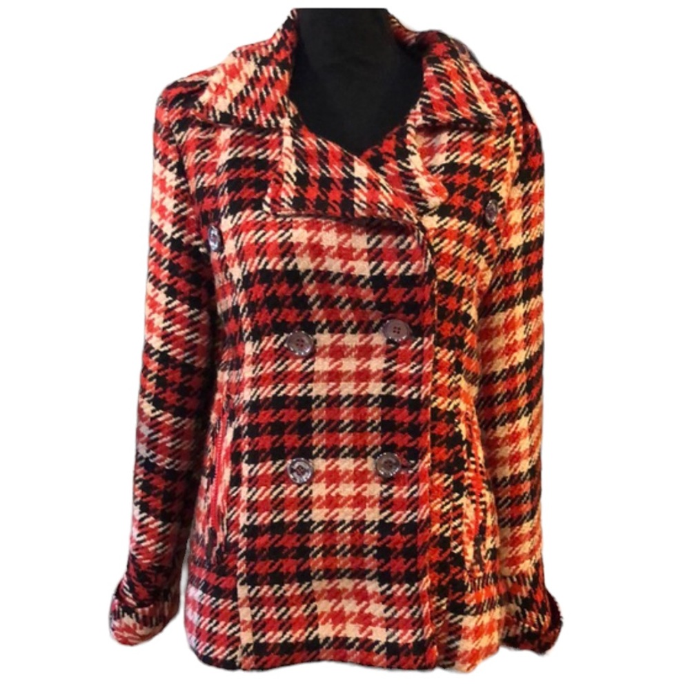 DOLLHOUSE HOUNDSTOOTH DOUBLE BREASTED COAT RED BLK WHT SIZE LARGE
